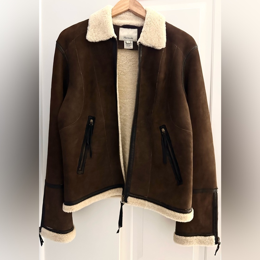 Faconnable Brown Leather Jacket with Cream Accents